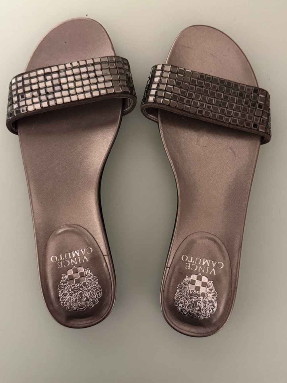 Vince Camuto Metallic Bronze Slide Sandals with Square Stud Band